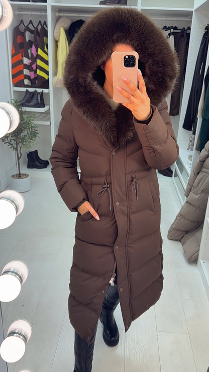 Alberta Chocolate Padded Faux Fur Hooded Coat
