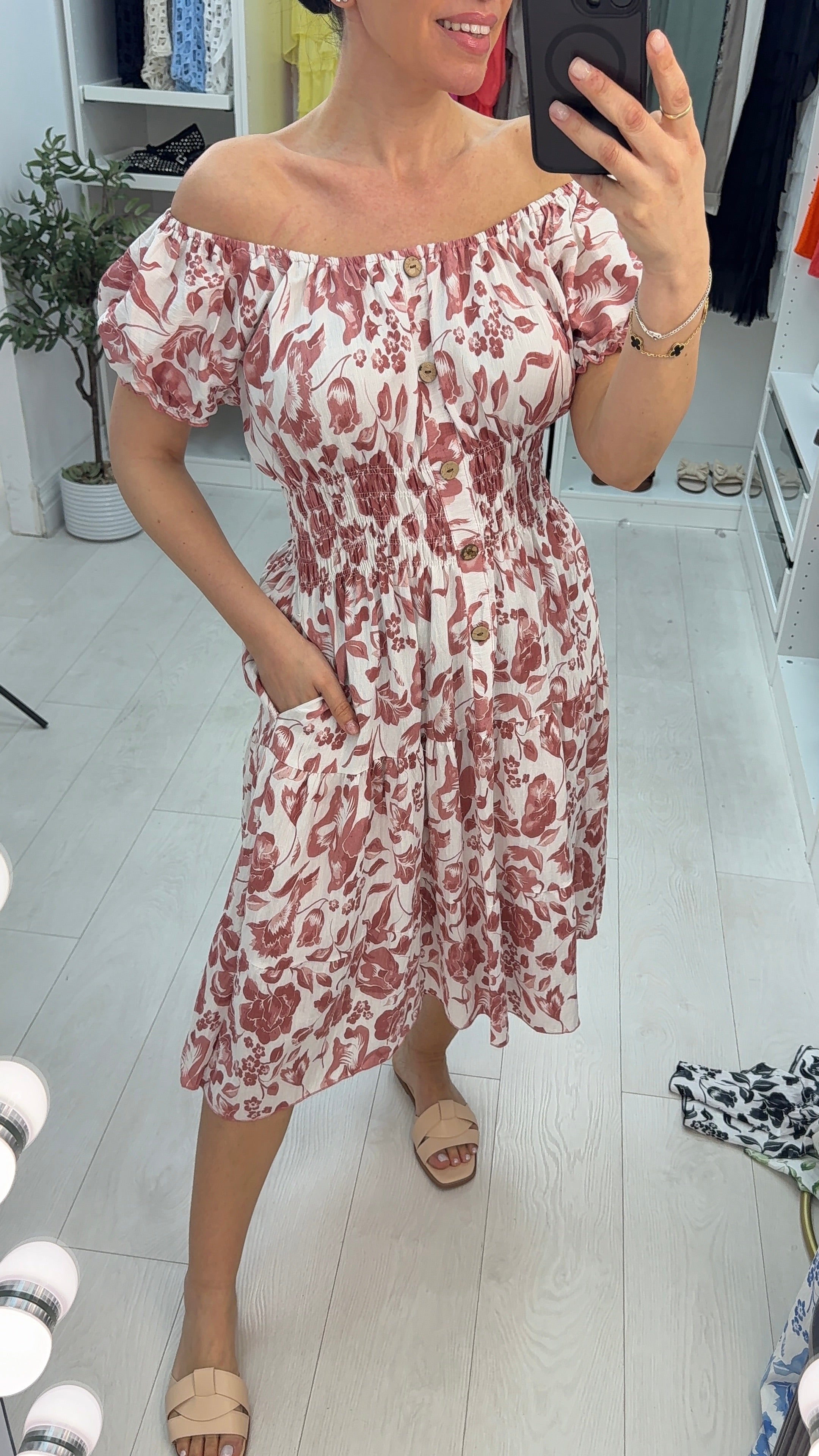 Tyra Floral Button Detailed Shirred Waist Dress