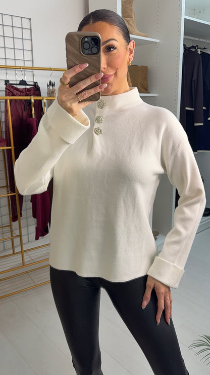 Candie Plain Embellished Button High Neck Jumper