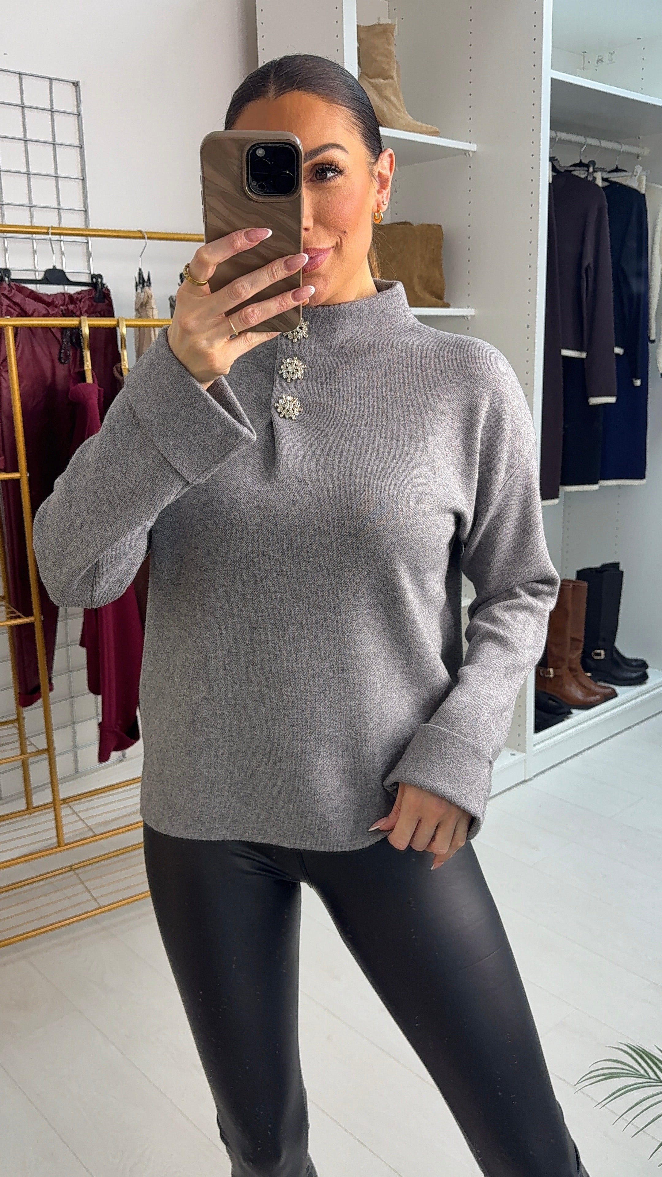 Candie Plain Embellished Button High Neck Jumper