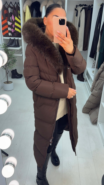 Alberta Chocolate Padded Faux Fur Hooded Coat