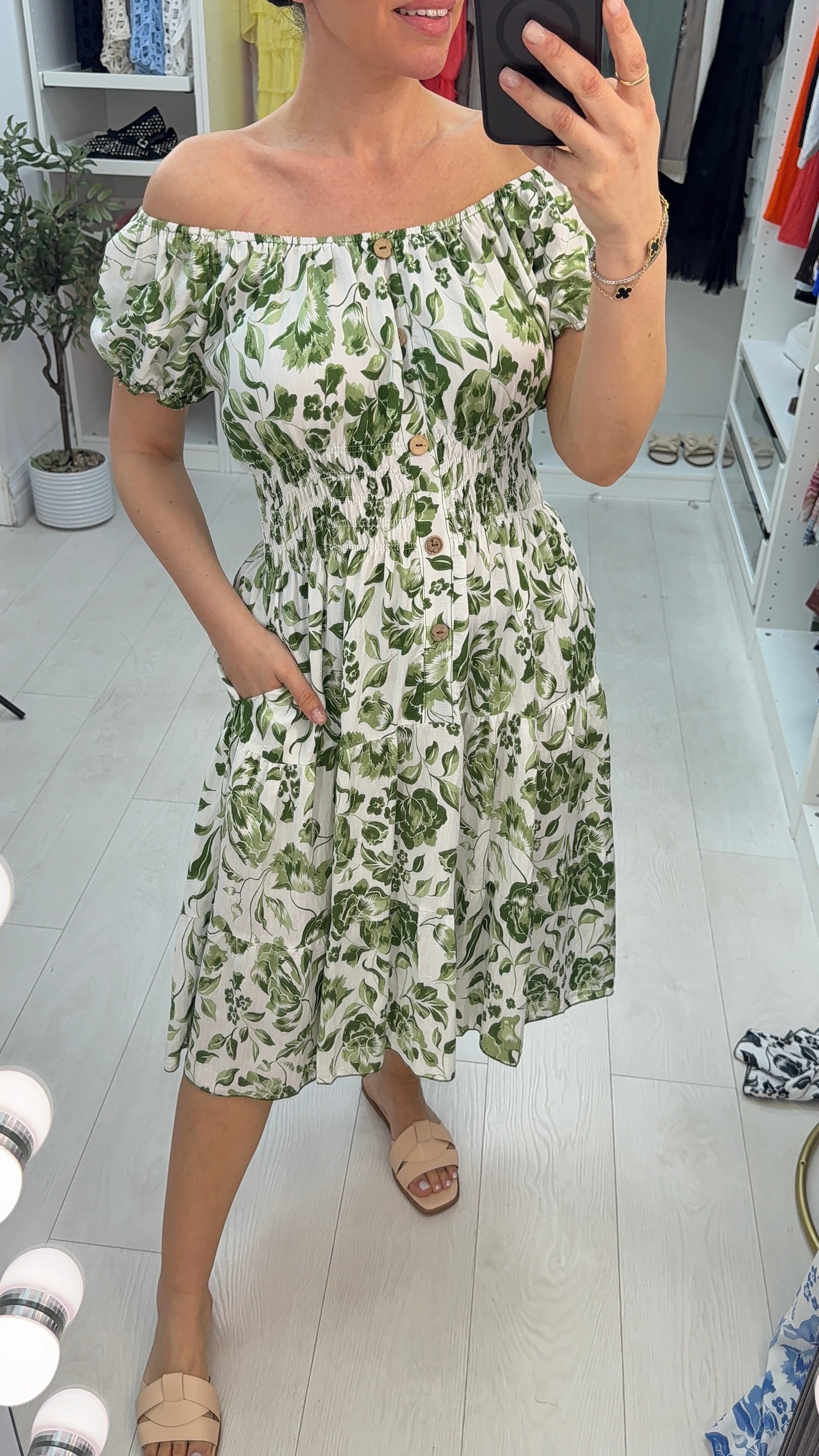 Tyra Floral Button Detailed Shirred Waist Dress