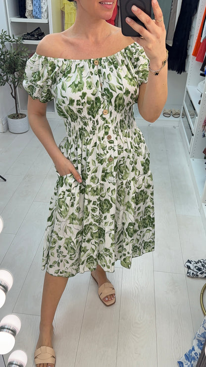Tyra Floral Button Detailed Shirred Waist Dress