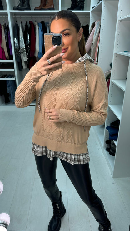 Nur Check Trim Hooded Waffle Knit Jumper