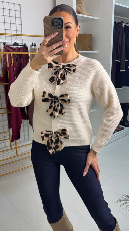 Maddison Leopard Print Bow Front Cardigan