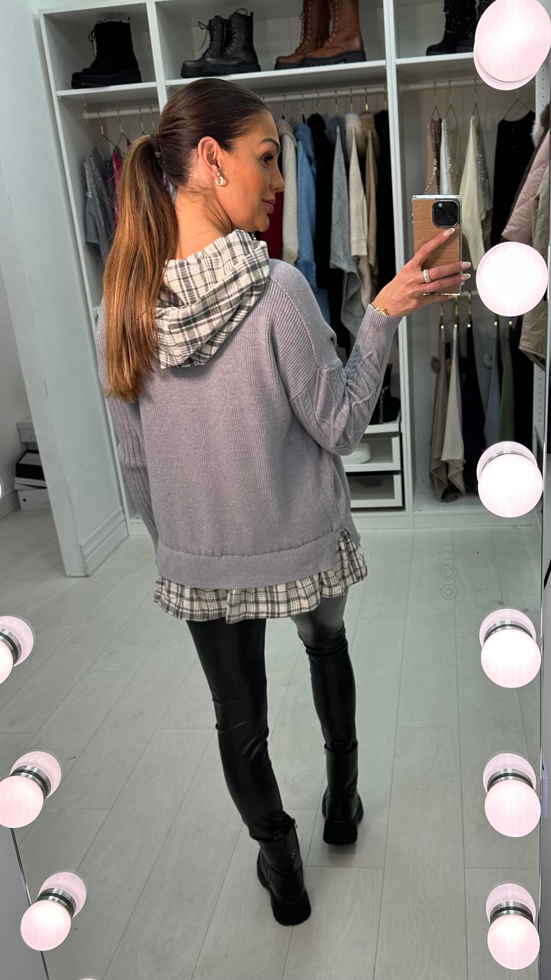 Nur Check Trim Hooded Waffle Knit Jumper