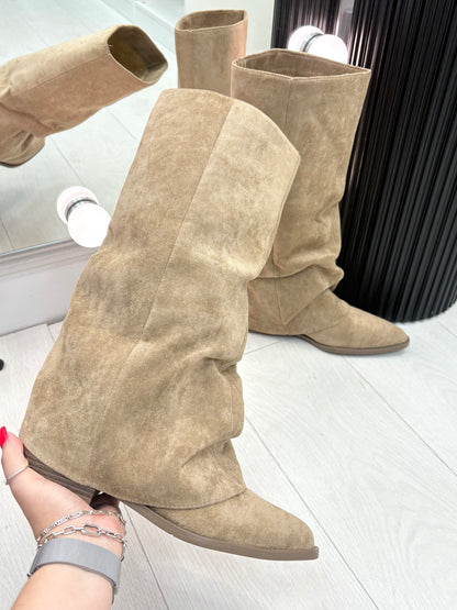 Honey Faux Suede Fold Over Boots