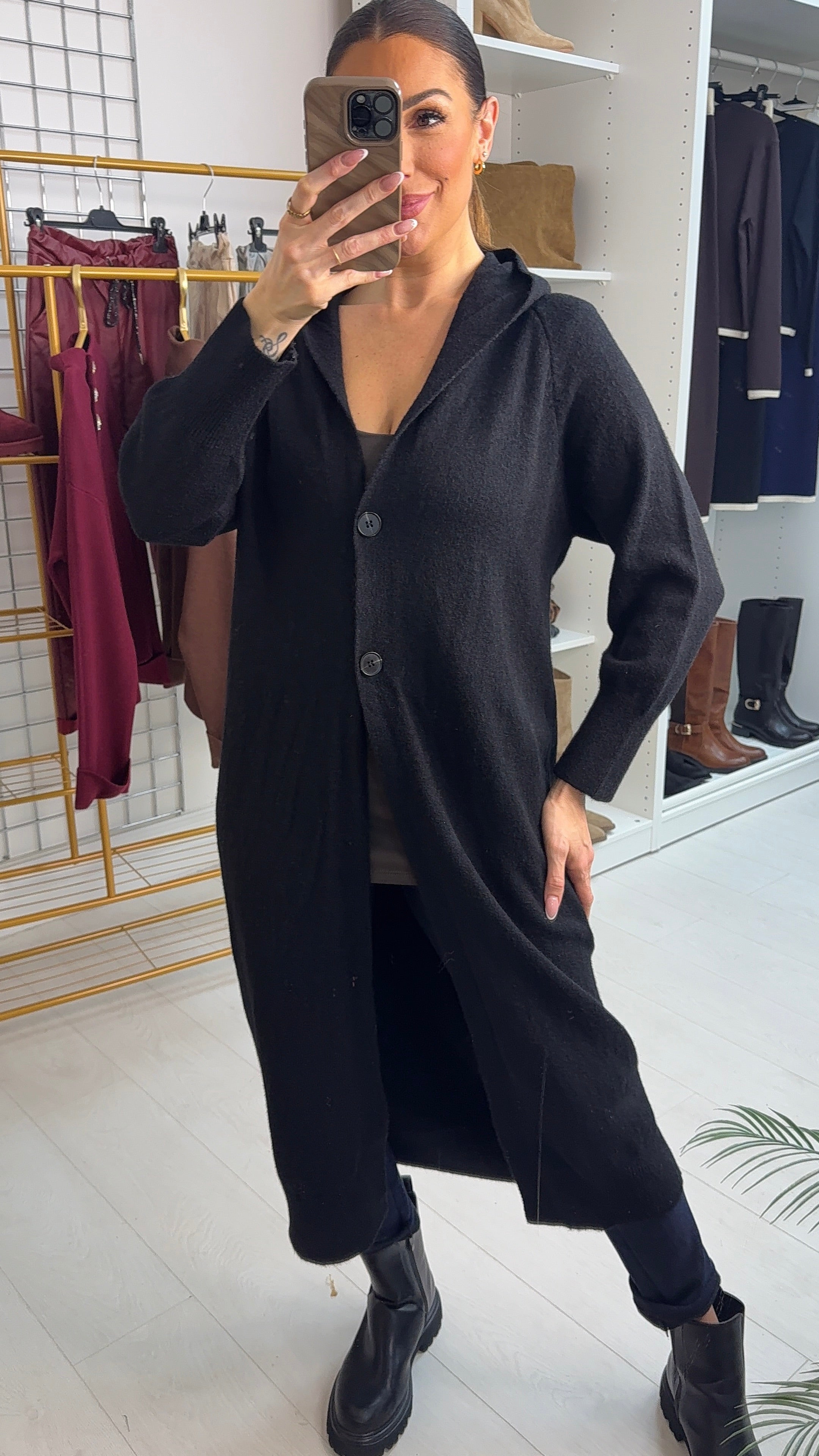 Ottie Plain Button Closure Longline Hooded Cardigan