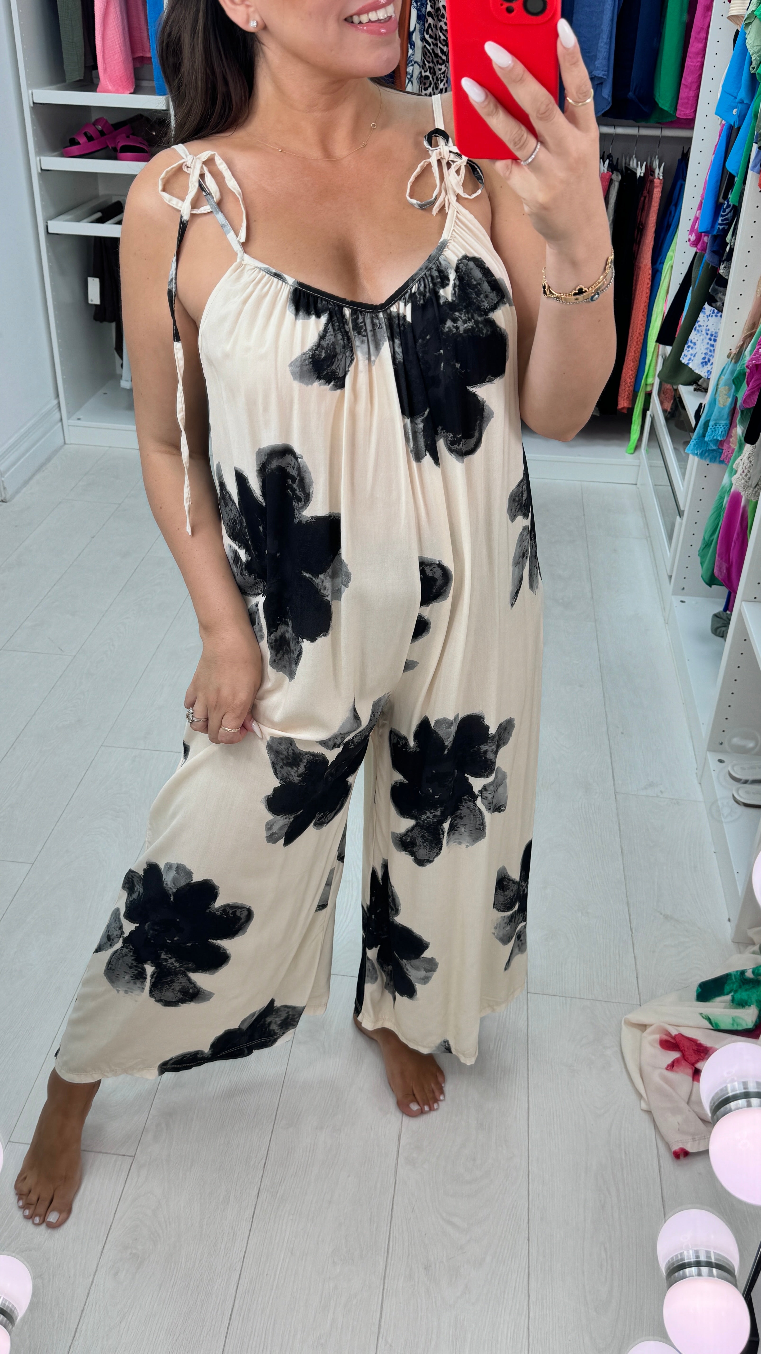 Alida Cream Watercolour Tie shoulder Jumpsuit