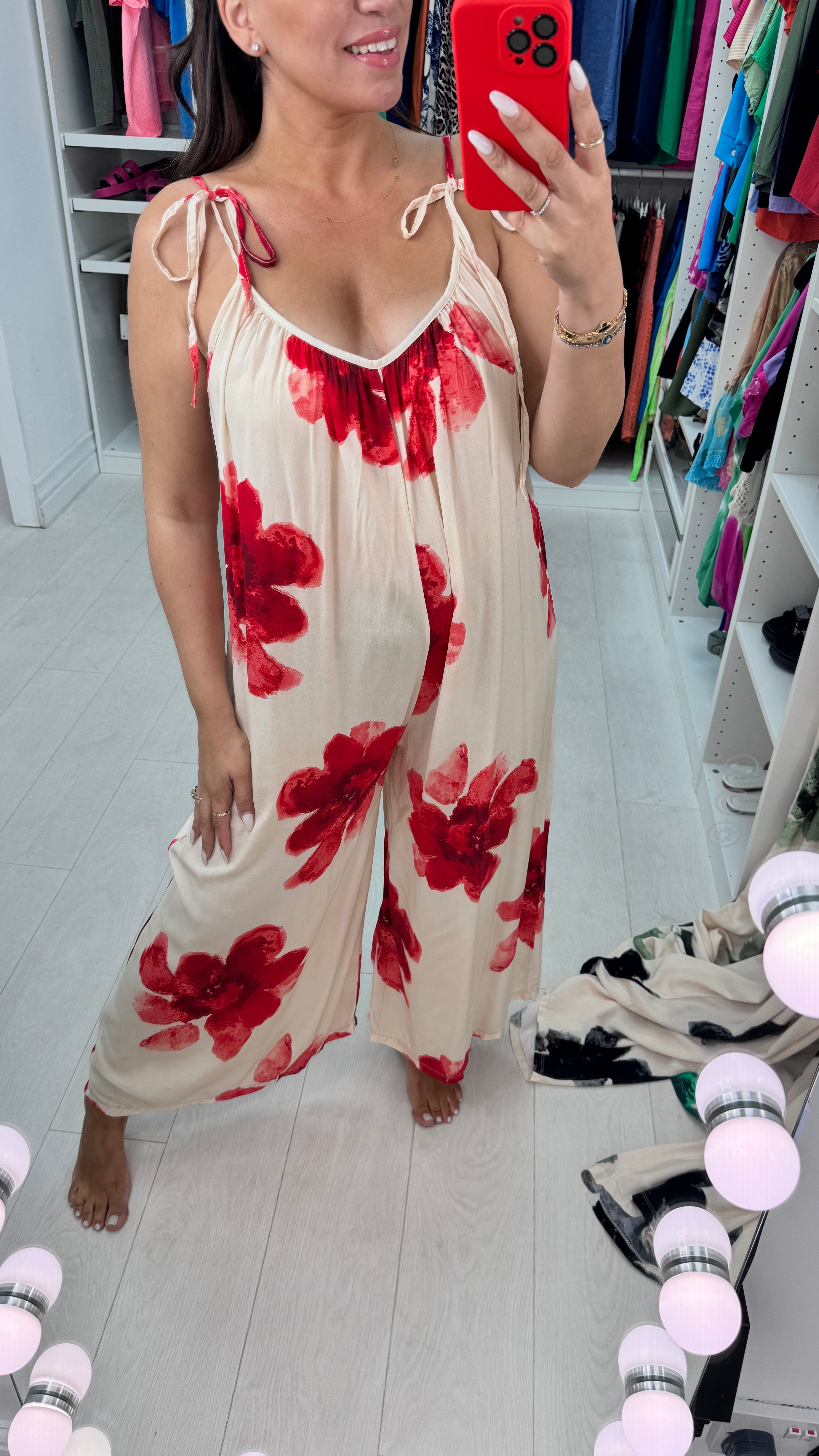 Alida Cream Watercolour Tie shoulder Jumpsuit