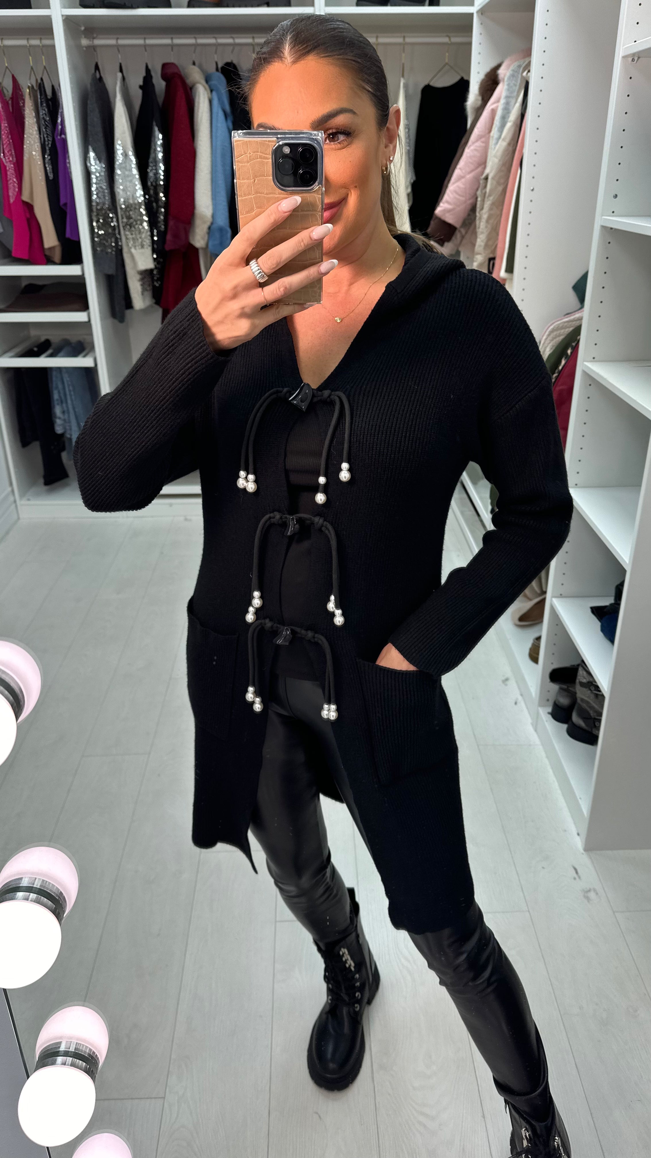 Kamilla Pearl Detail Tie Front Longline Cardigan