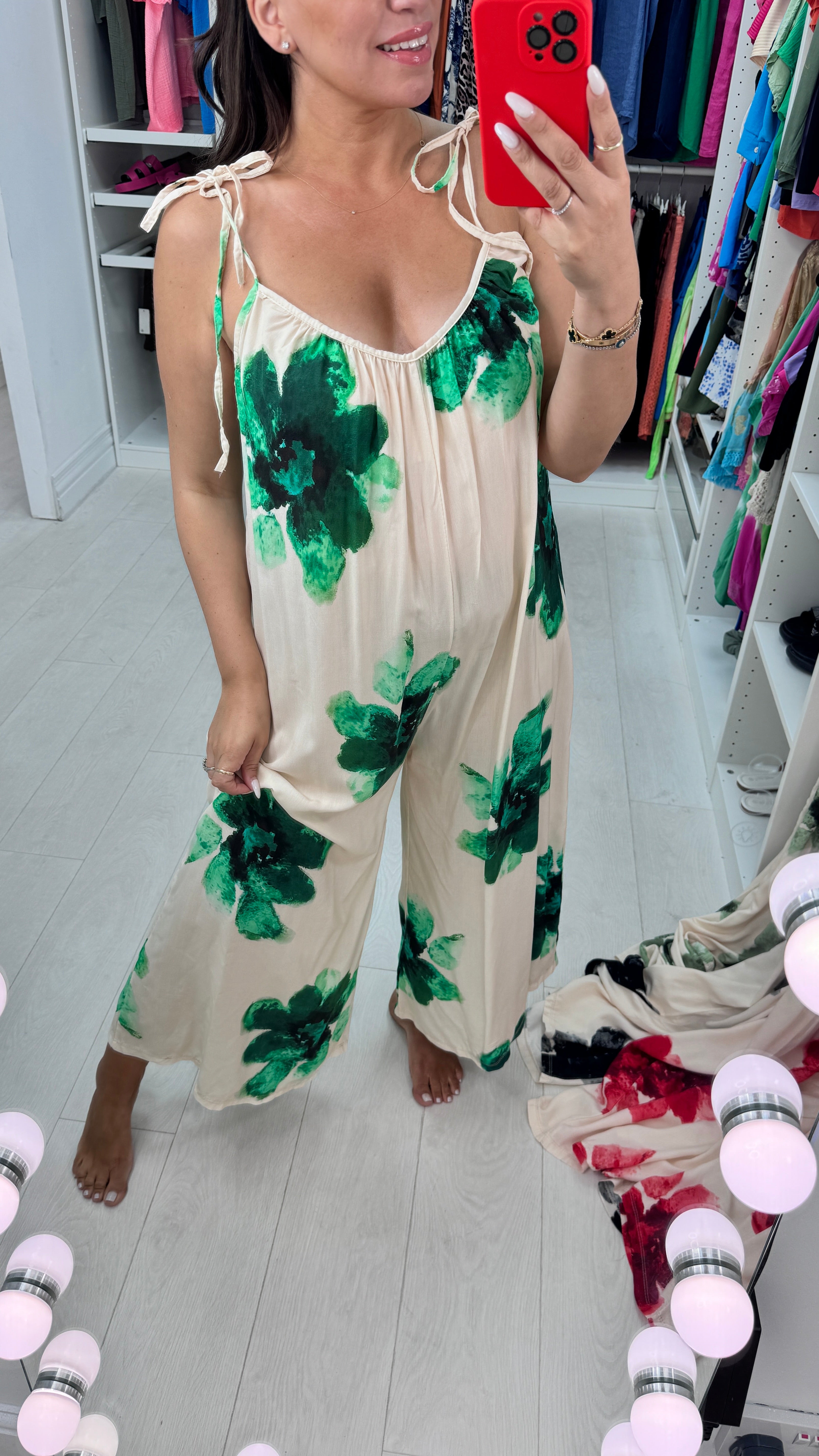 Alida Cream Watercolour Tie shoulder Jumpsuit