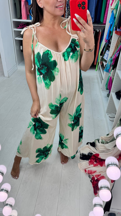 Alida Cream Watercolour Tie shoulder Jumpsuit