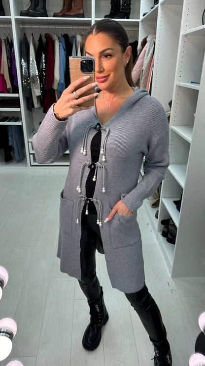 Kamilla Pearl Detail Tie Front Longline Cardigan