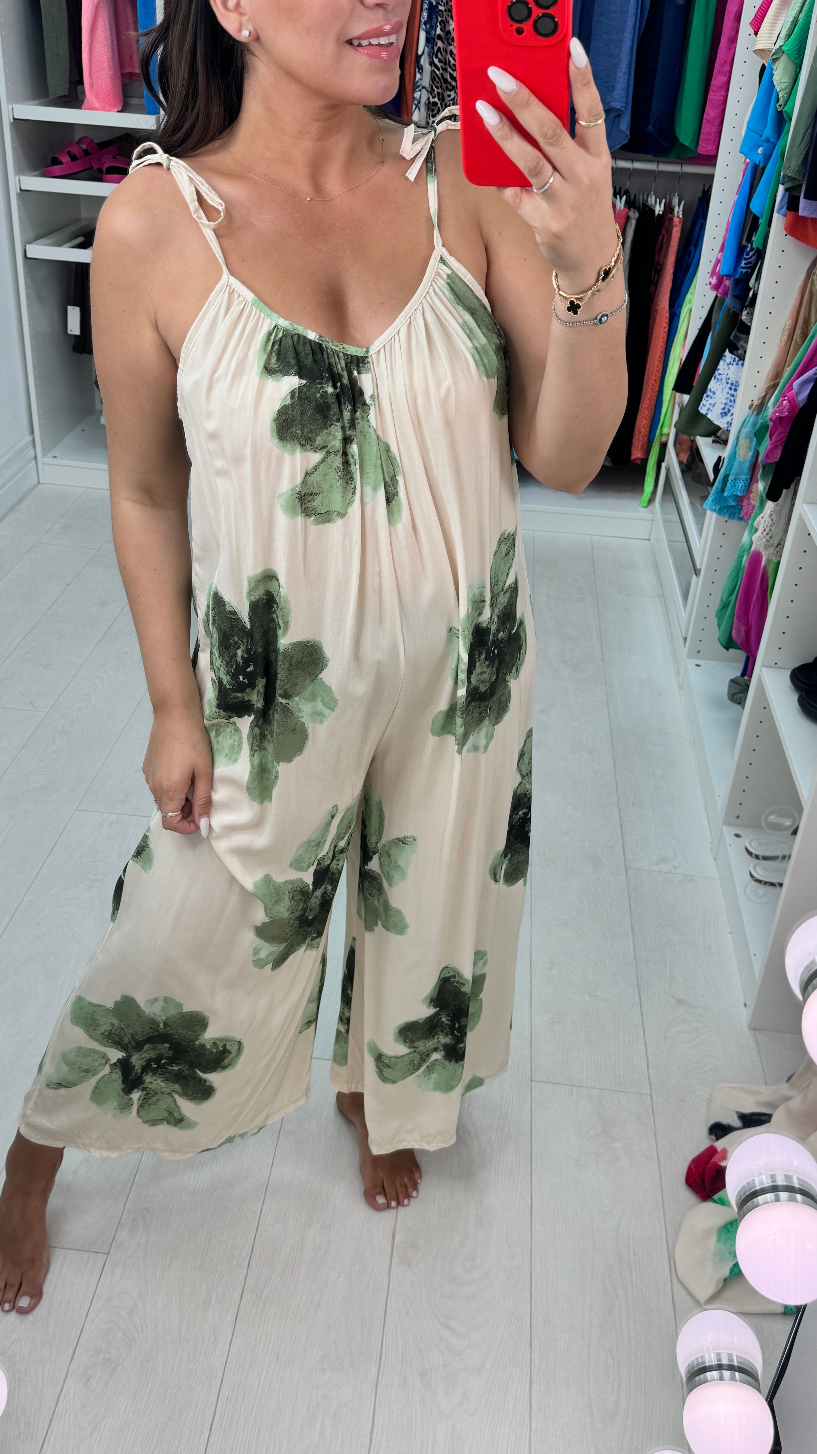 Alida Cream Watercolour Tie shoulder Jumpsuit