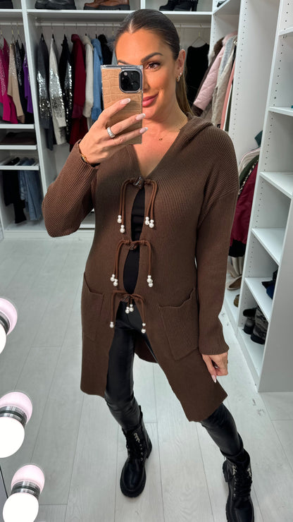 Kamilla Pearl Detail Tie Front Longline Cardigan