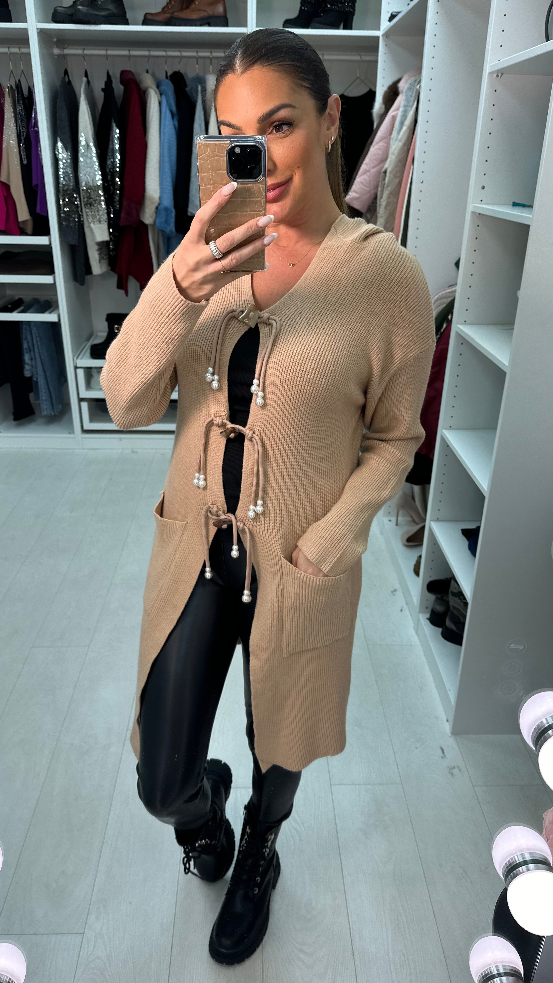 Kamilla Pearl Detail Tie Front Longline Cardigan