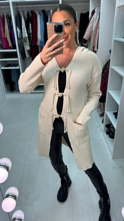 Kamilla Pearl Detail Tie Front Longline Cardigan