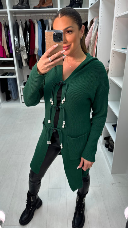 Kamilla Pearl Detail Tie Front Longline Cardigan