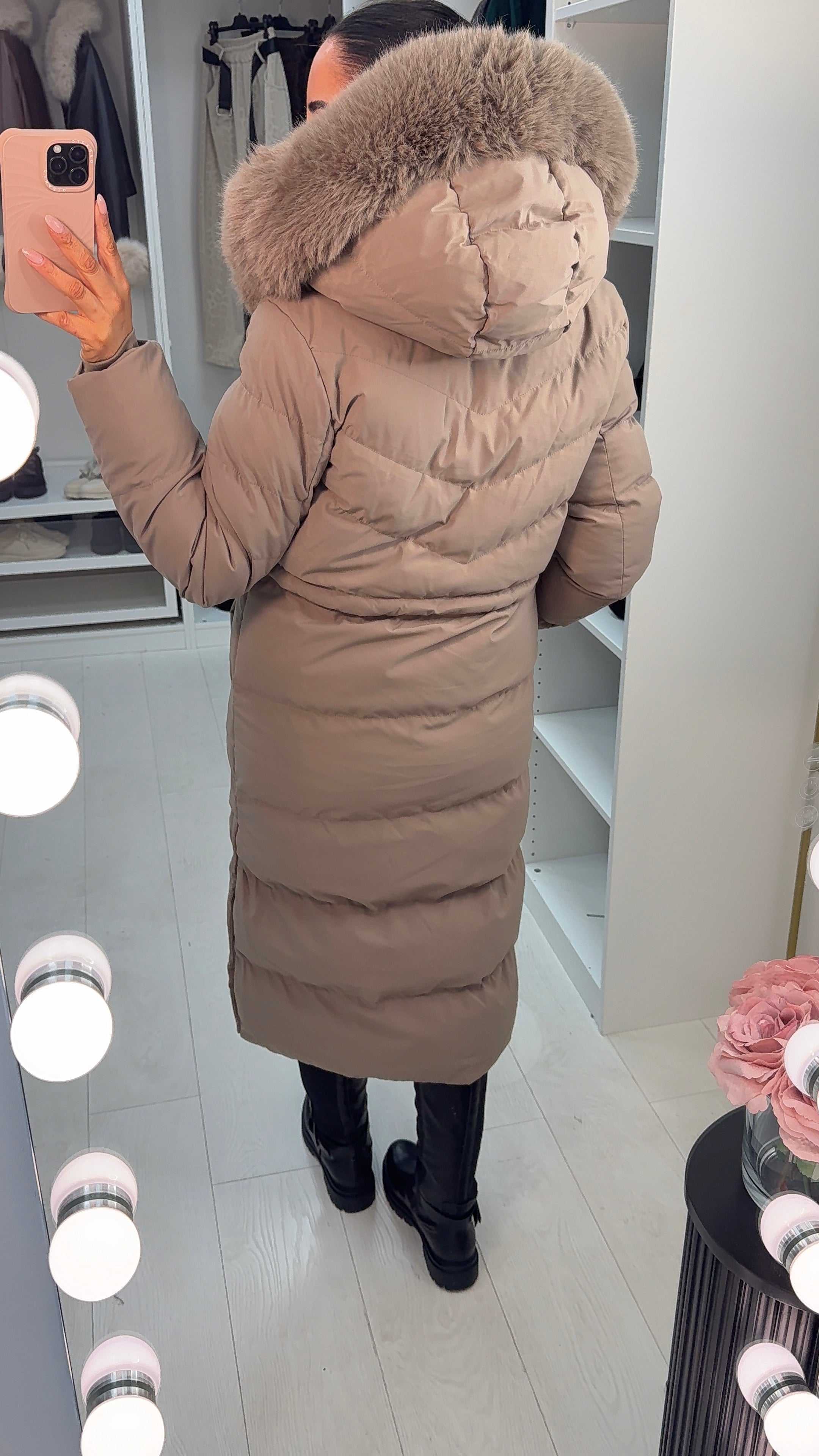 Alberta Mocha Padded Faux Fur Hooded Coat