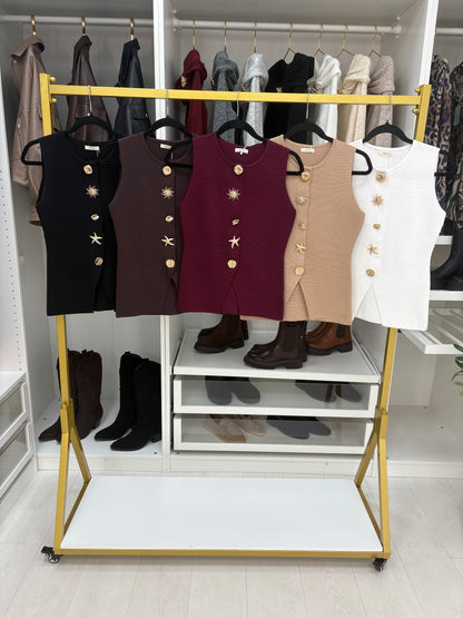 Natasha Embellished Button Sleeveless Knit Top