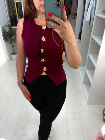 Natasha Embellished Button Sleeveless Knit Top