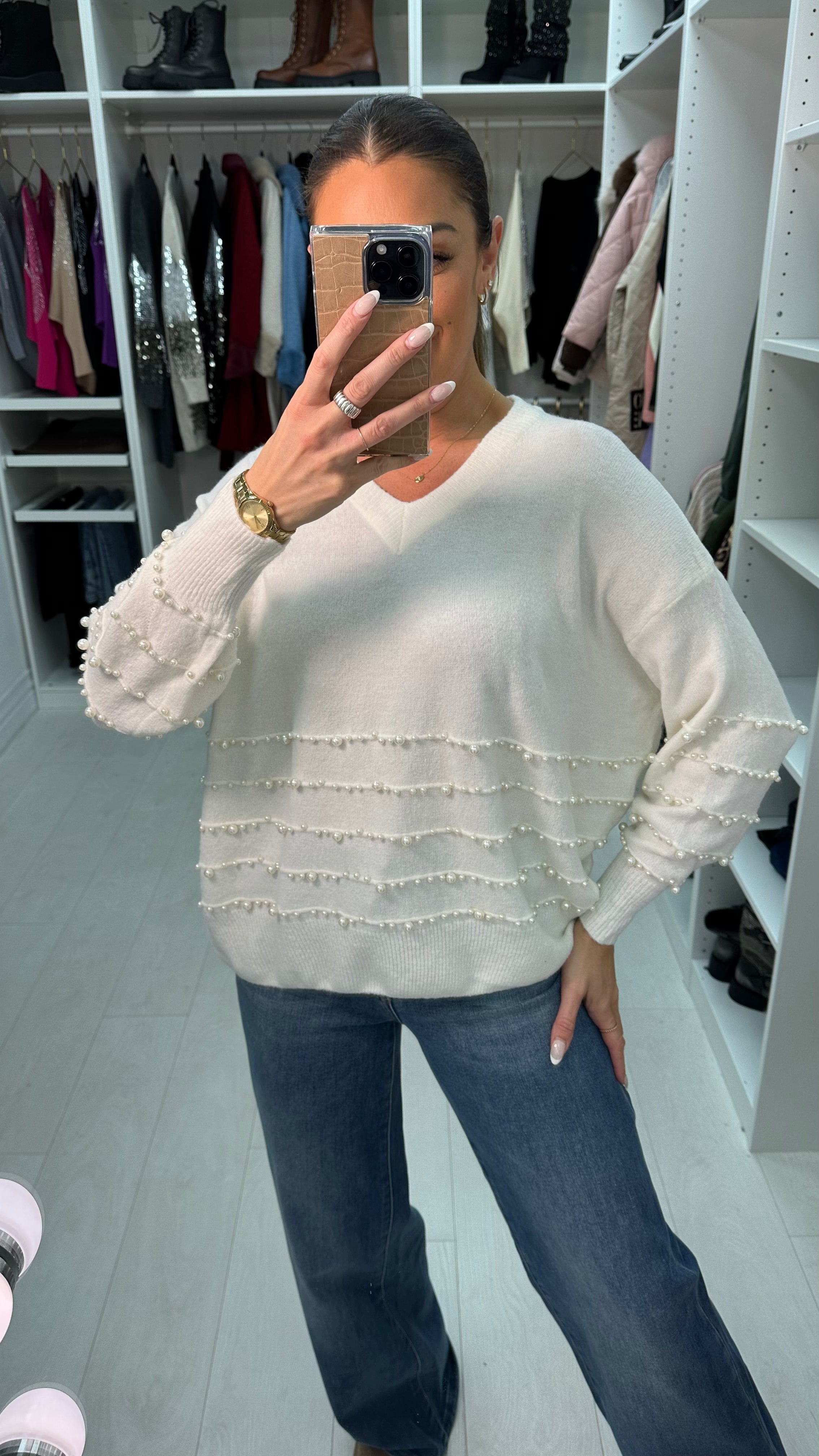 Paisley Plain Pearl Detail V Neck Jumper