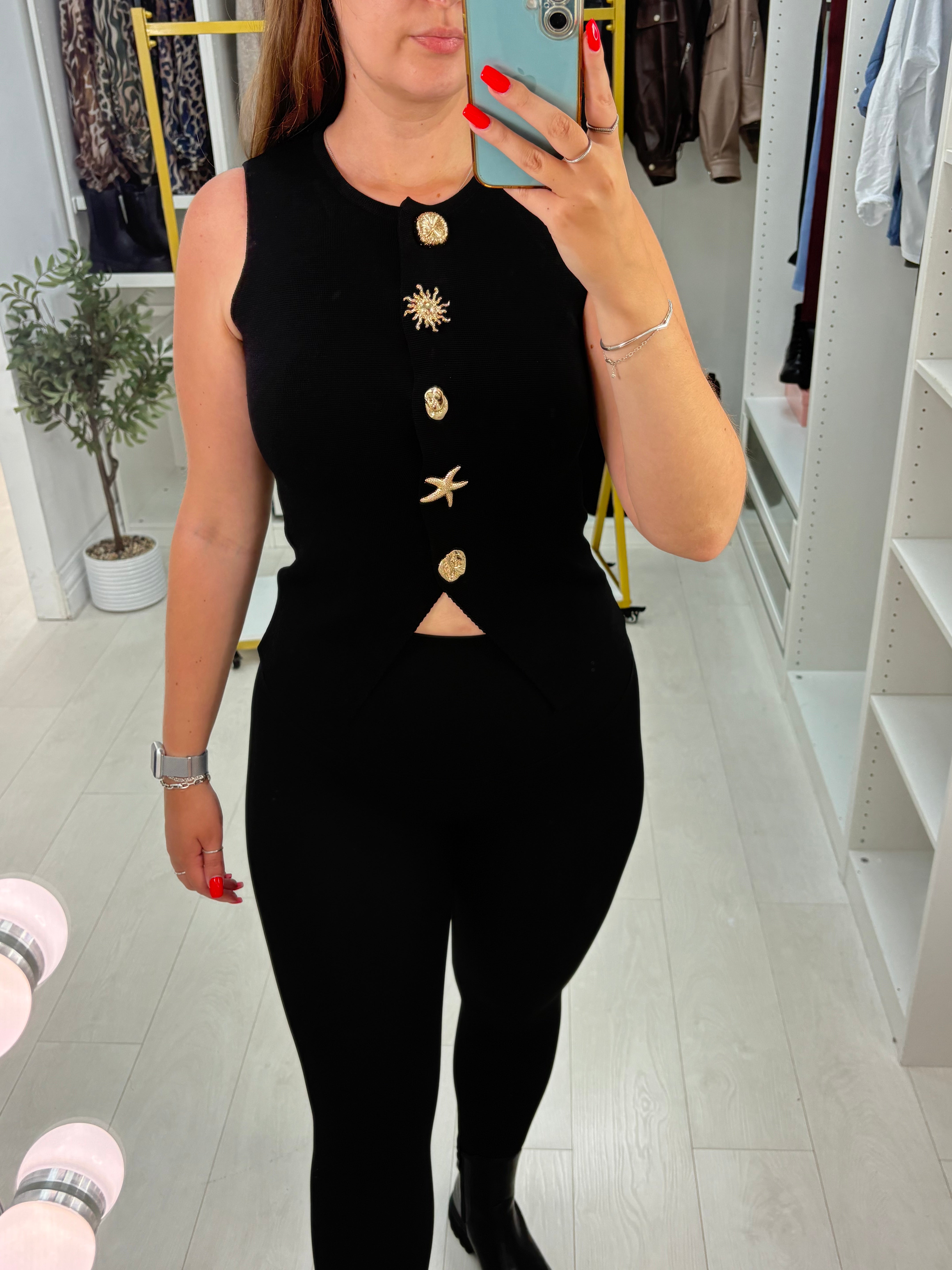 Natasha Embellished Button Sleeveless Knit Top