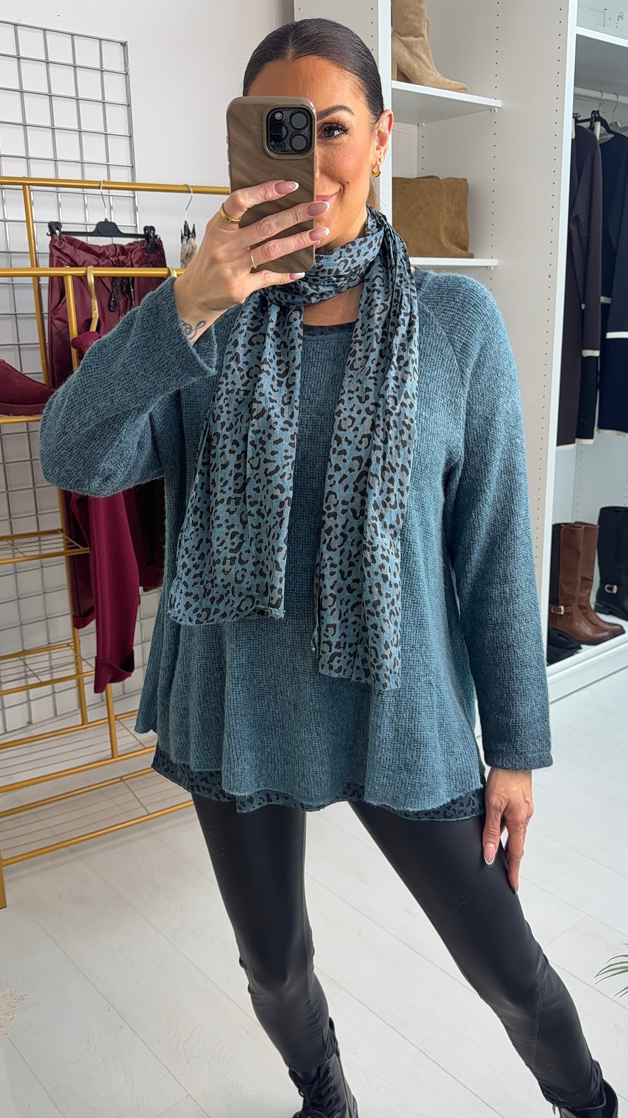 Petria Leopard Print Detailed 2 Piece Scarf Jumper