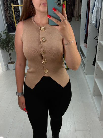 Natasha Embellished Button Sleeveless Knit Top