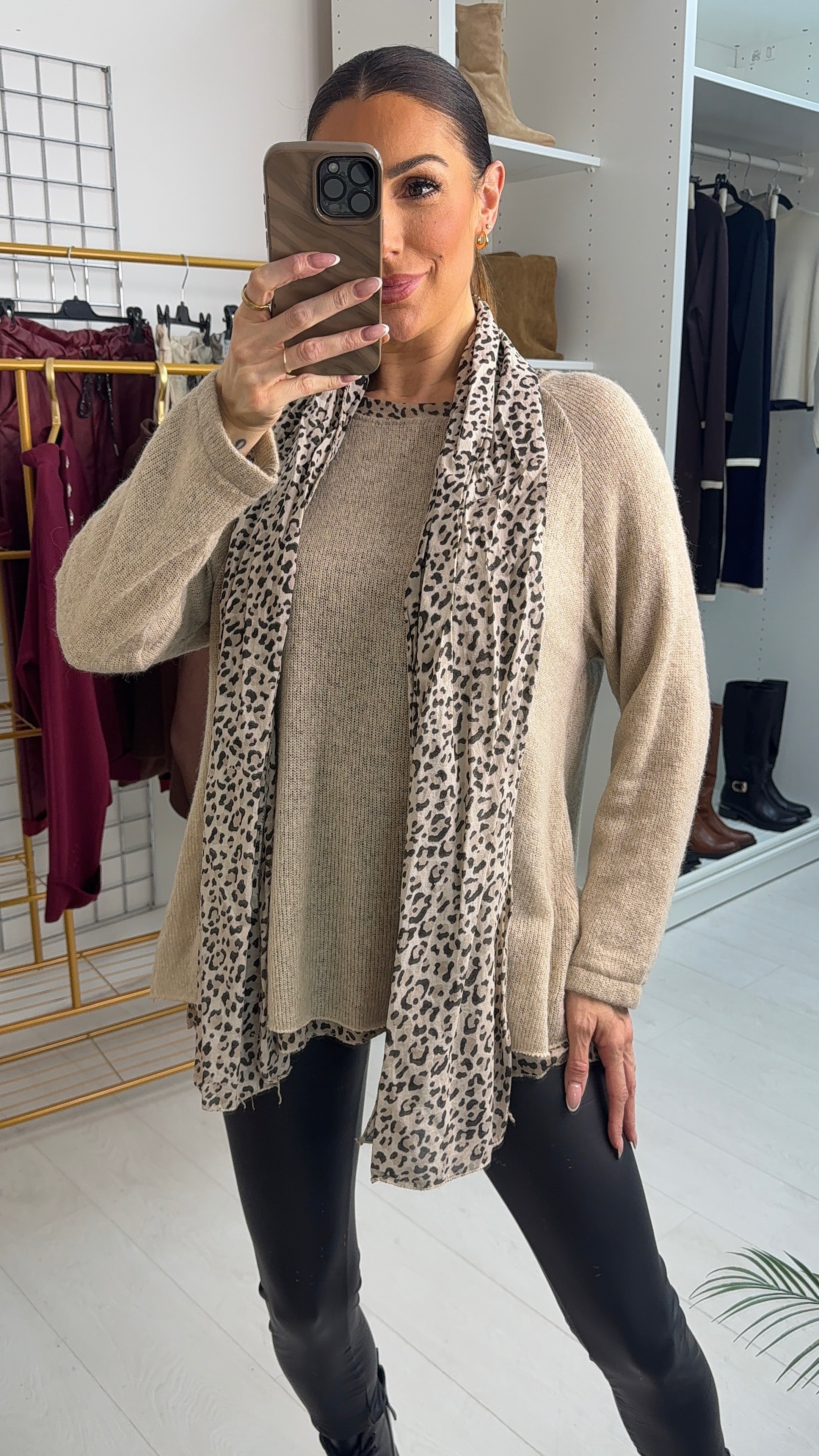 Petria Leopard Print Detailed 2 Piece Scarf Jumper