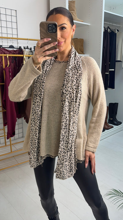 Petria Leopard Print Detailed 2 Piece Scarf Jumper
