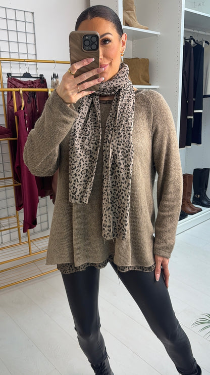 Petria Leopard Print Detailed 2 Piece Scarf Jumper