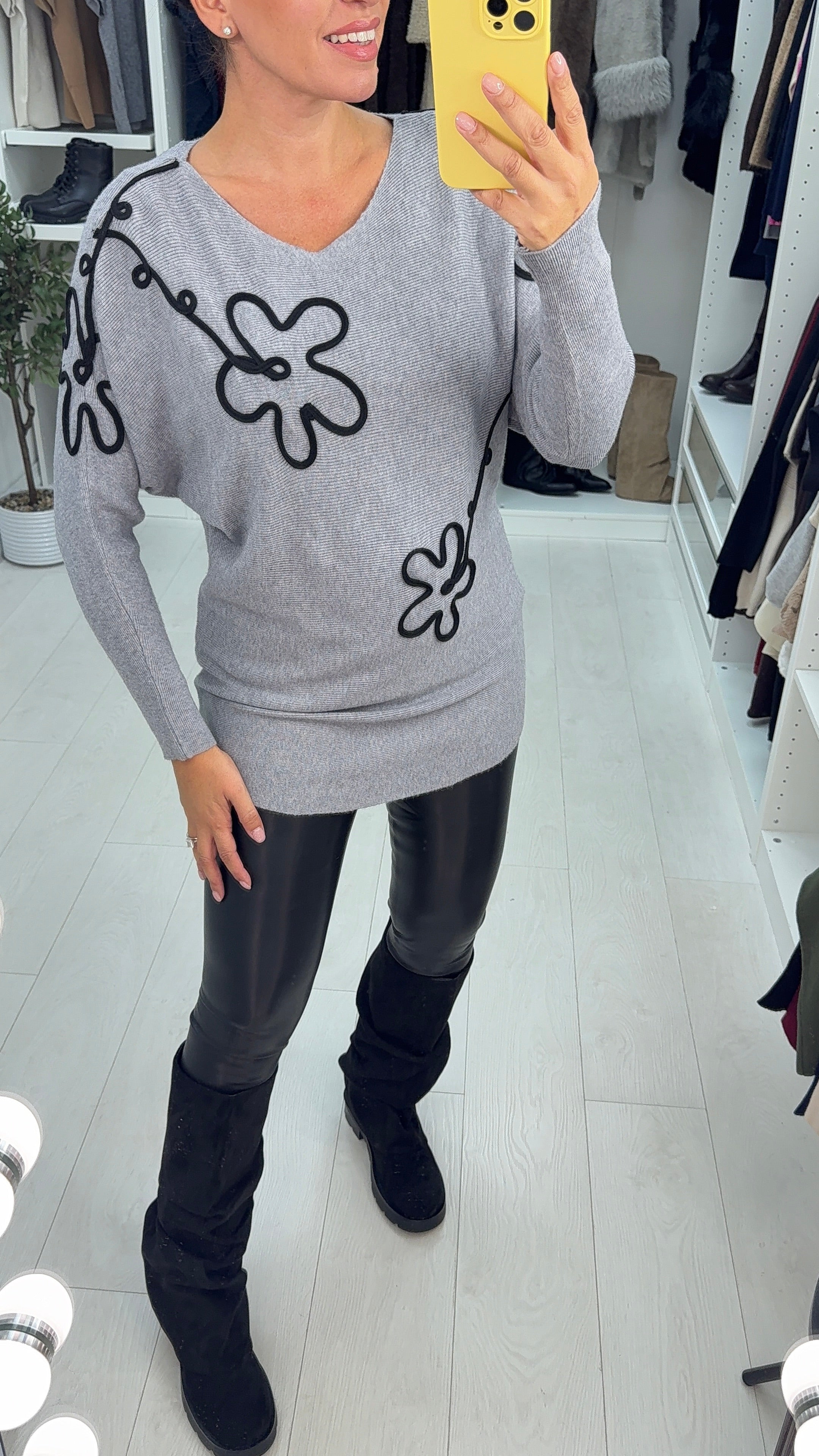 Rayla Embroidered Flower Ribbed Knit Jumper