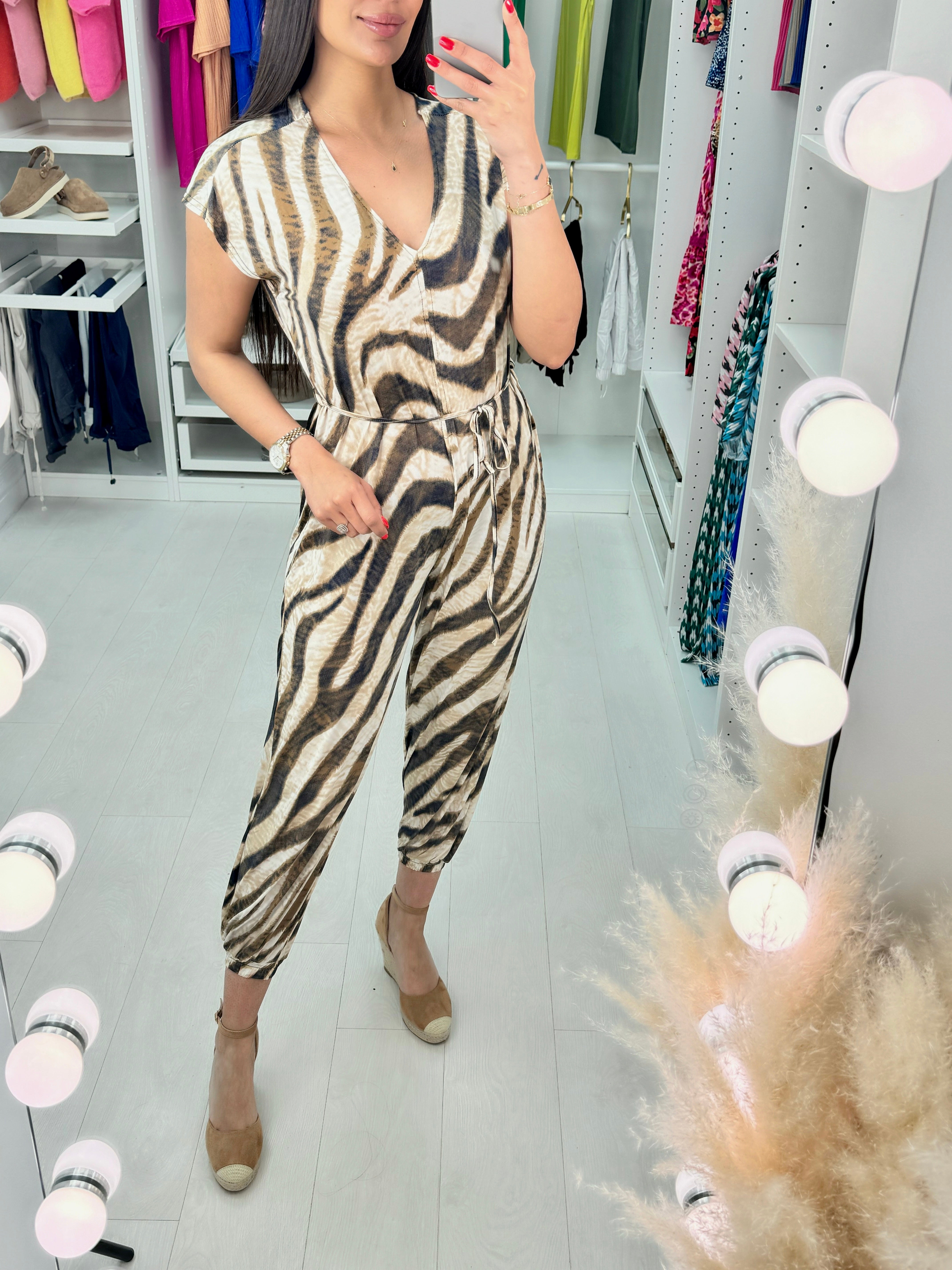 Brisa Tiger Camel Print Tie Waist Jumpsuit