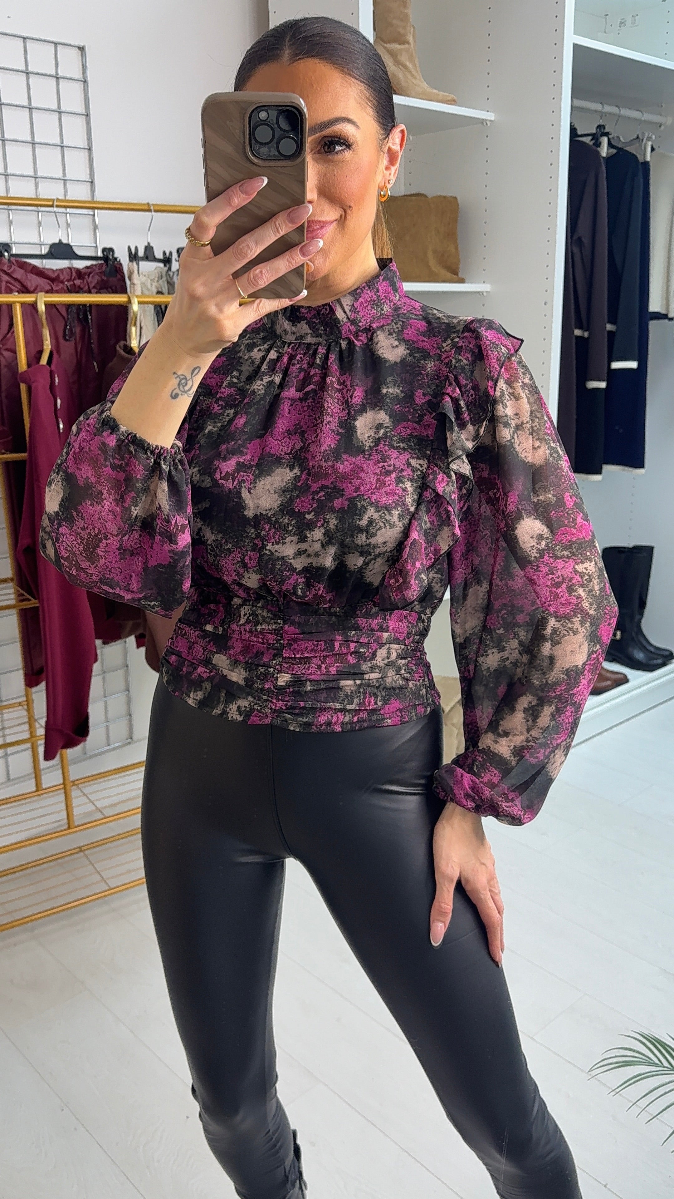 Neave Abstract Print Elasticated High Neck Top