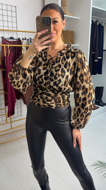 Navaya Leopard Print Elasticated V Neck Top