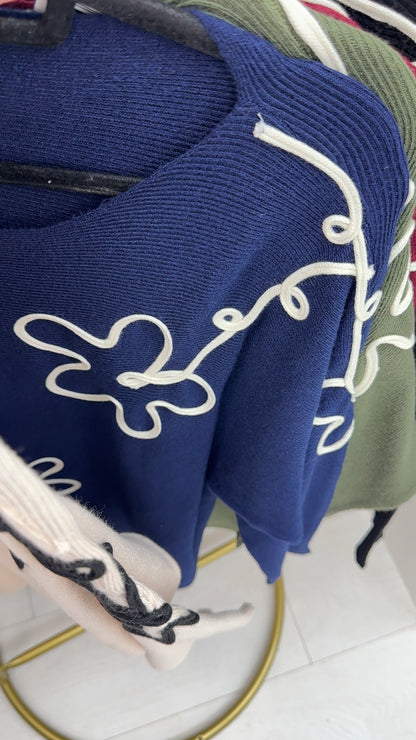 Rayla Embroidered Flower Ribbed Knit Jumper