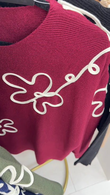 Rayla Embroidered Flower Ribbed Knit Jumper