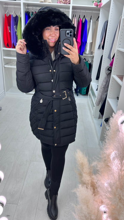 Adalee Black Faux Fur Hood Coat