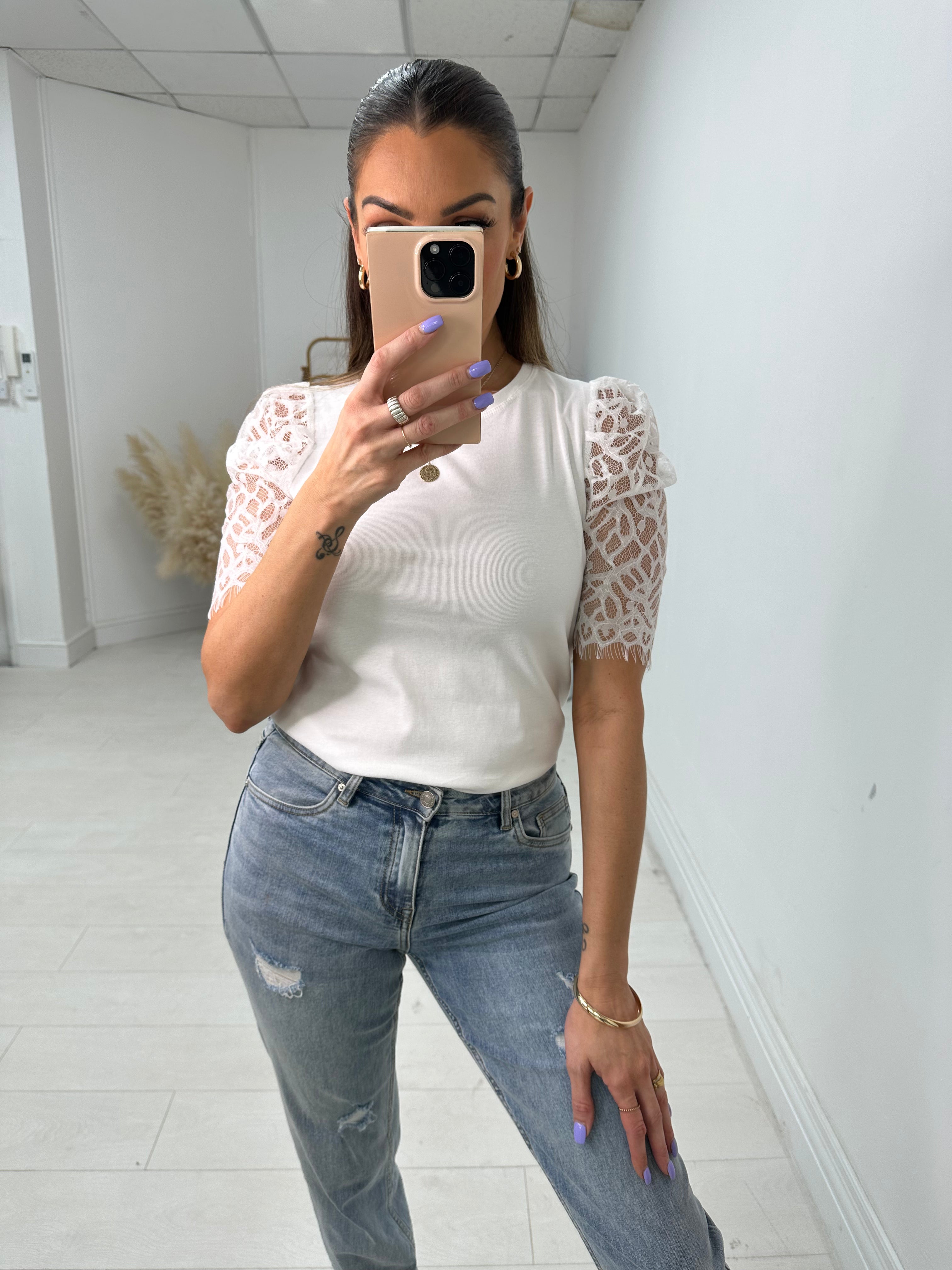 Indiana White Lace Detail Sleeve T-Shirt
