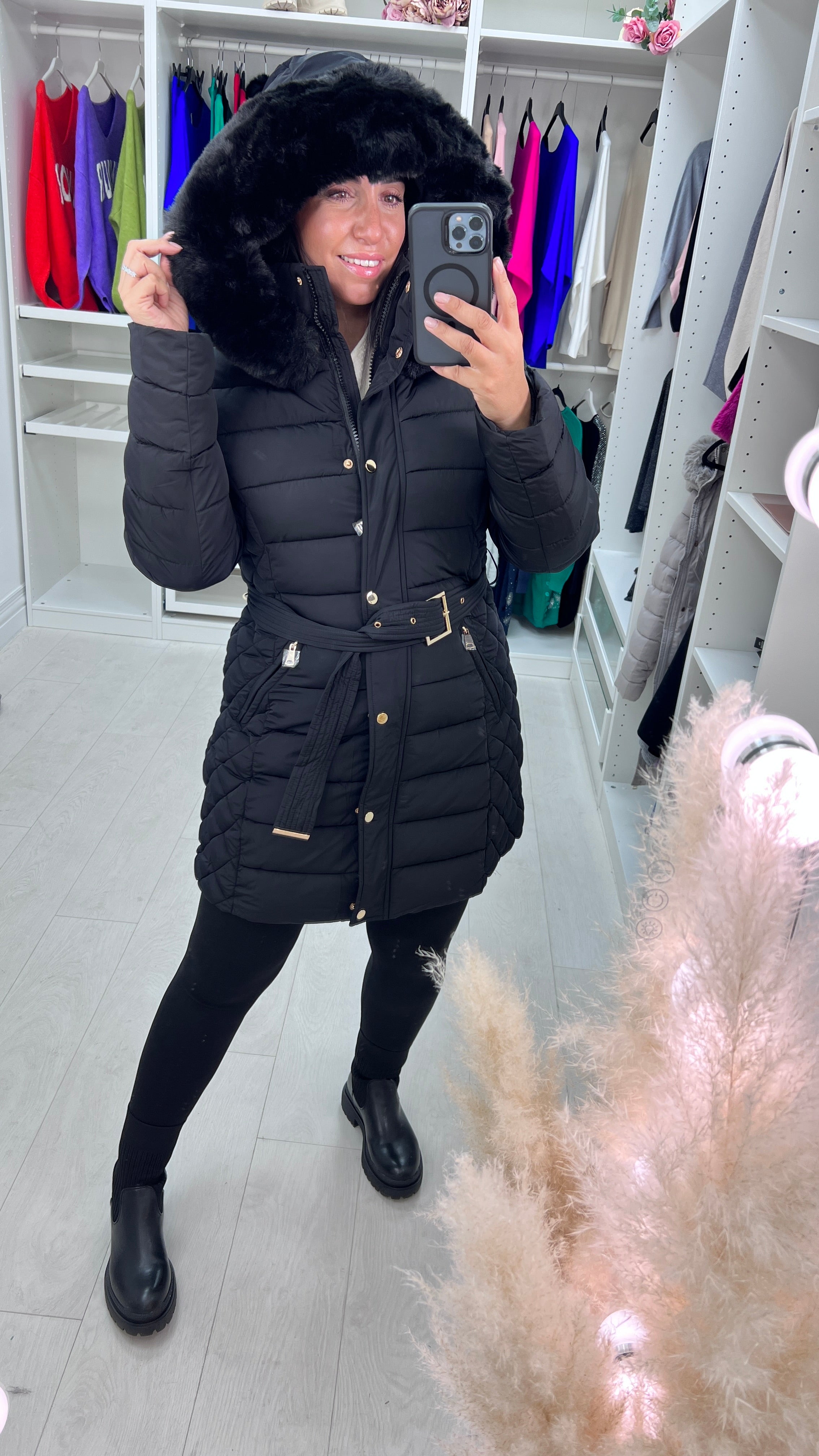 Adalee Black Faux Fur Hood Coat
