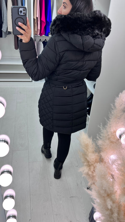 Adalee Black Faux Fur Hood Coat