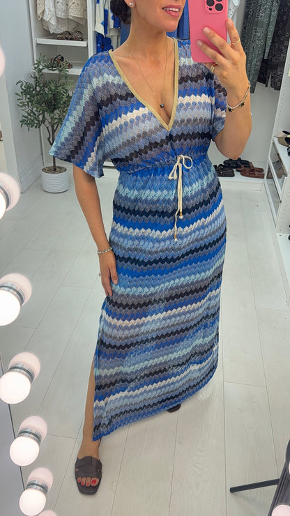 Yvonna V Neck Drawstring Waist Crochet Dress