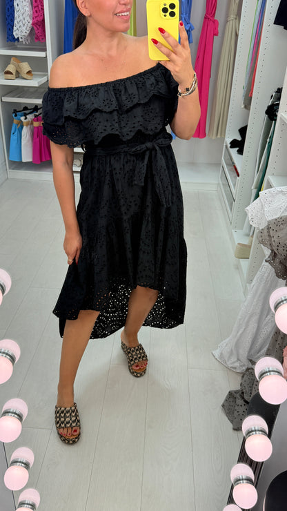 Charmaine Broidery Anglaise Dipped Hem Bardot Dress