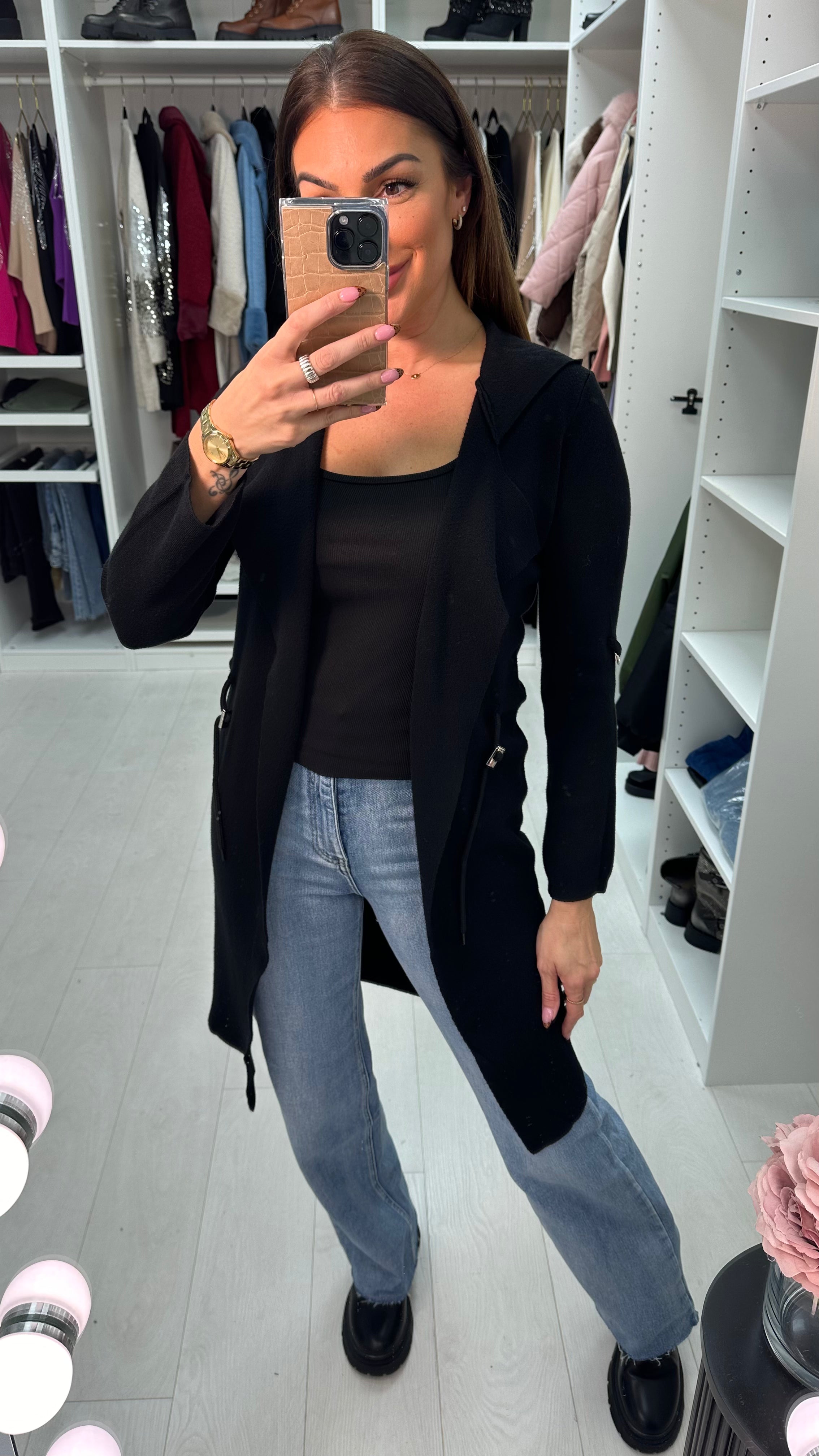 Pamala Drawstring Waist Hooded Cardigan