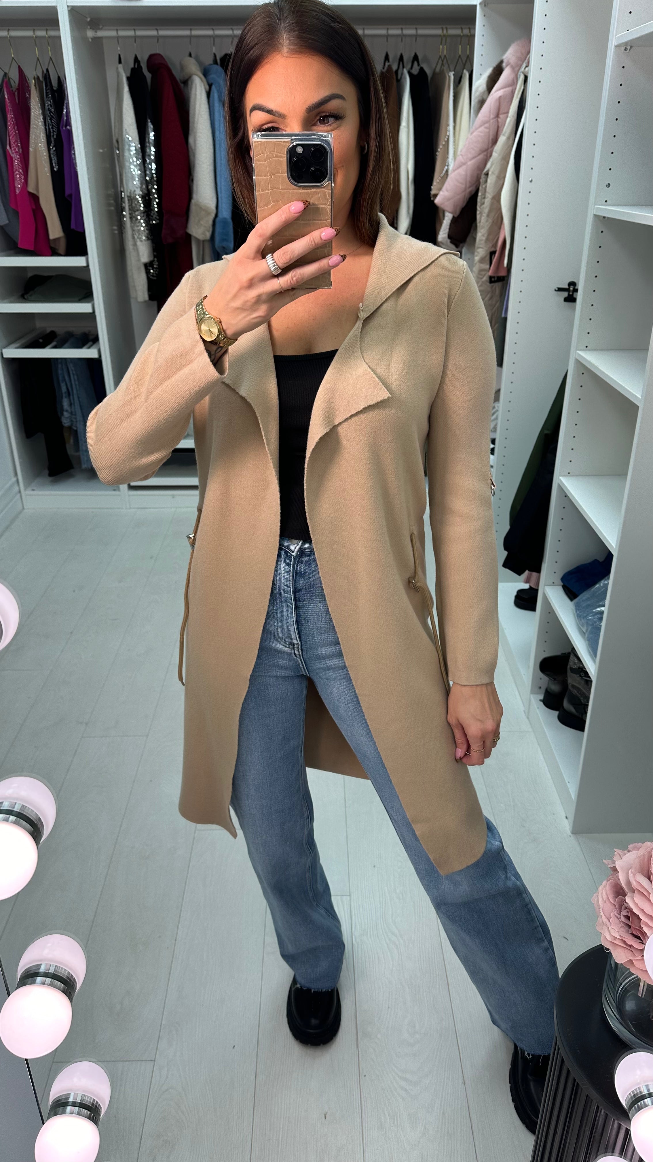 Pamala Drawstring Waist Hooded Cardigan