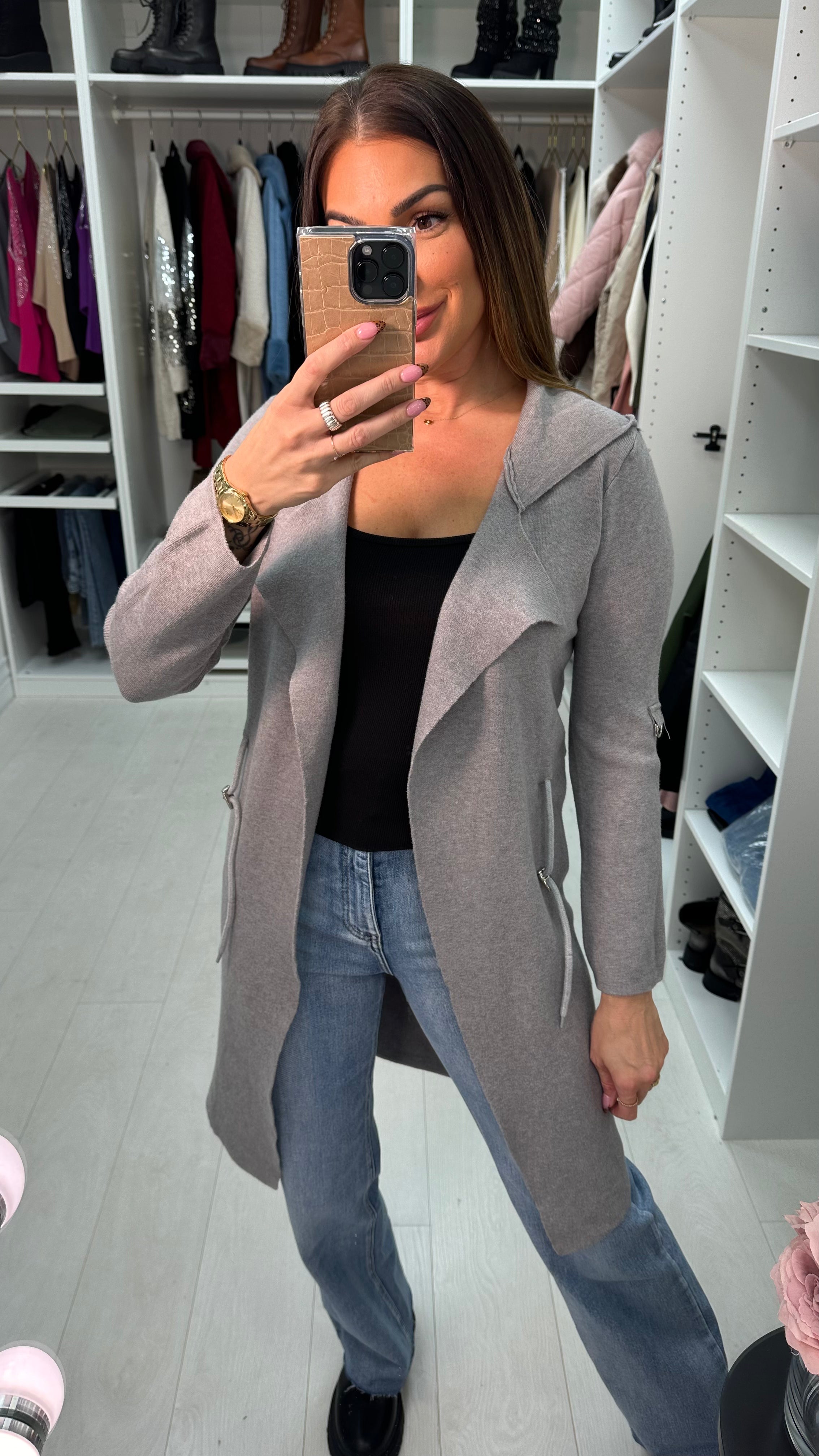 Pamala Drawstring Waist Hooded Cardigan