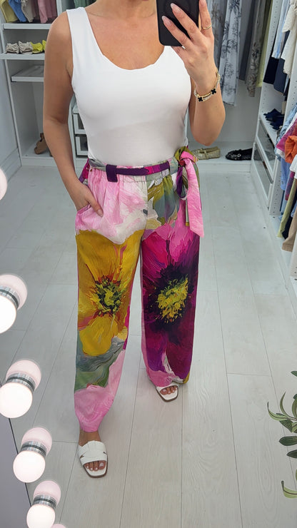 Ellen Floral Print Belted Wide Leg Trousers