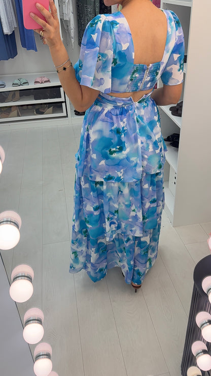 Belona Watercolour Print Deep V Neck Maxi Dress